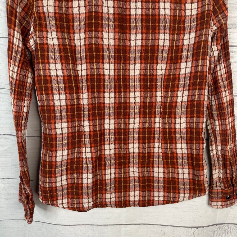 prAna Women size M Orange Brown Plaid Flannel Shirt Outdoor Hiking Cabincore - Picture 6 of 8